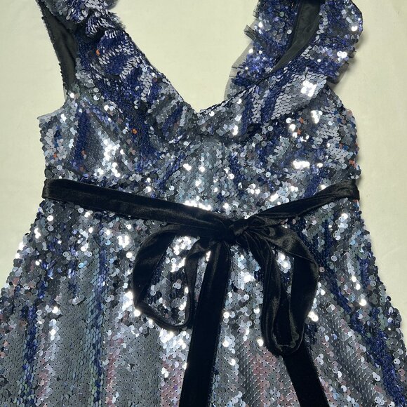 Free People Siren Sequin Mini Dress Purple Silver Ruffle Velvet Trim Party Sz 6 - Picture 15 of 16